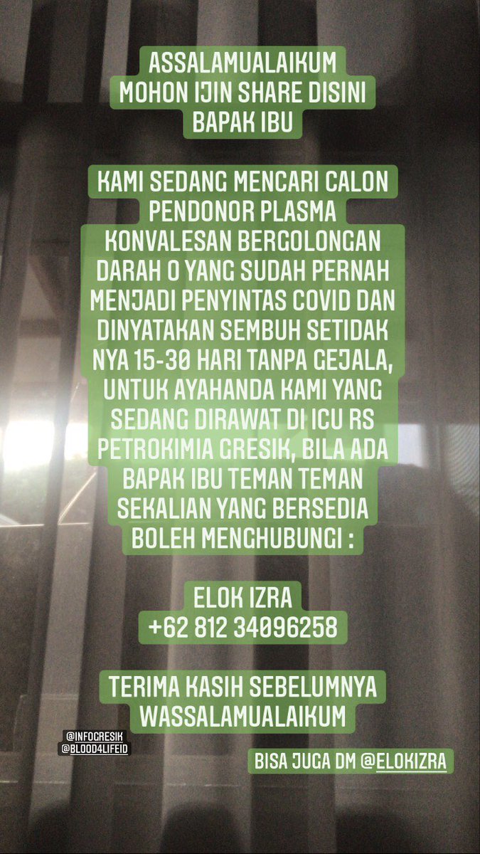 Twitter do your magic!
<a href="/Blood4LifeID/">BFL INDONESIA</a> 

Mohon bantuan dicari calon pendonor plasma konvalesan bergolongan darah O yang pernah menjadi penyintas covid &amp; dinyatakan sembuh setidak nya 15-30 hari tanpa gejala, untuk ayahanda di ICU RS Petrokimia Gresik!

Elok Izra
+62 812 34096258