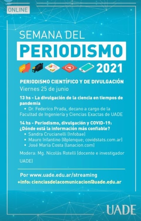 jcrettaz's tweet photo. #Periodismo Científico. Divulgación en pandemia, chequeo e información confiable, con @FedePrada, @spcrucianelli, @plenque, @jmcos y @nicorotelli #periodismoUADE #comunicaciónUADE https://t.co/QRP6mUljhq