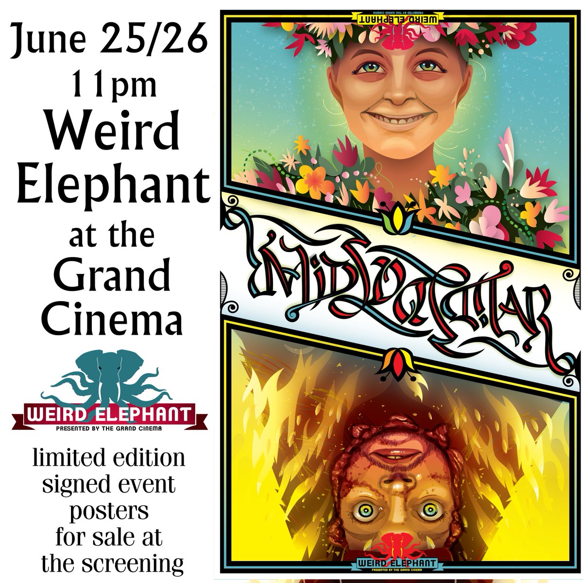 jamesstowe's tweet photo. Go see #Midsommar at the reopened @GrandCinema this Friday and Saturday and take home a limited edition signed #WeirdElephant event poster made by me. I'll be in the lobby selling them before the show! https://t.co/wOF2AM10gG