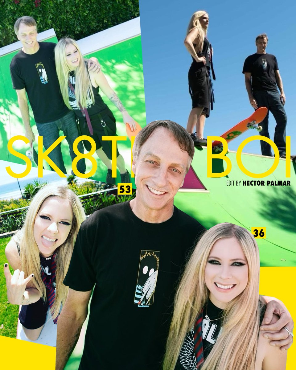 heyhec's tweet photo. Estas fotos duelen en el discman antishock, el Limewire y en el ocupar el teléfono para "navegar" en Internet: Avril Lavigne (36) con Tony Hawk (53), de Sk8ter Boi a Sk8ter Sir 🎩 https://t.co/uyoG7Hh6pd