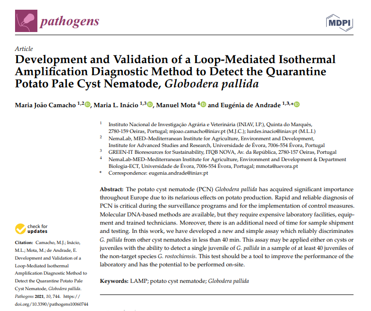 Camacho MJ, Inácio ML, Mota M, de Andrade E. Development and Validation of a Loop-Mediated Isothermal Amplification Diagnostic Method to Detect the Quarantine Potato Pale Cyst Nematode, Globodera pallida. Pathogens 2021, 10: 744. doi.org/10.3390/pathog… 🤩
#NemaINIAV at <a href="/INIAV_IP/">INIAV, IP</a>