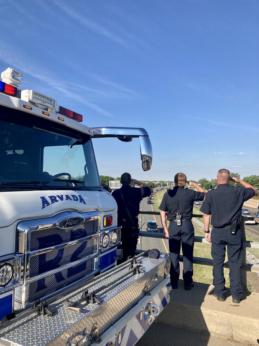 ArvadaFire's tweet photo. We’re heartbroken for the loss our community and friends at @ArvadaPolice suffered today. Our thoughts and prayers go out to the officer’s family, to everyone at Arvada Police, and to the other victim’s friends and family. https://t.co/ZKZGbnsjSj