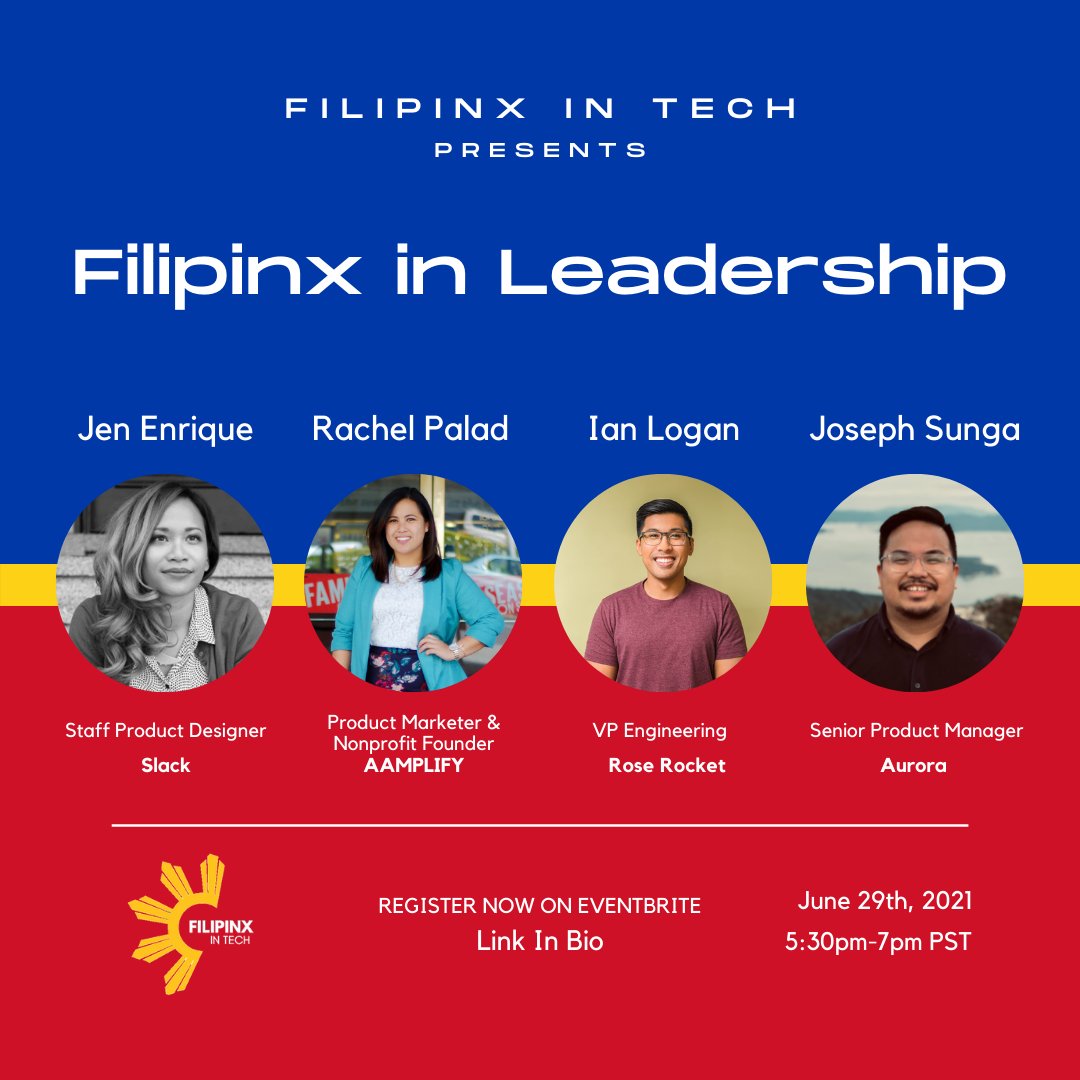 Join us on 6/29 for our "Filipinx in Leadership" panel featuring <a href="/albertianlogan/">Ian Logan</a> <a href="/rachelpalad/">RGP</a> Jen Enrique &amp; <a href="/joesunga/">Joseph Sunga</a>! 

RSVP here: bit.ly/3gORUI8