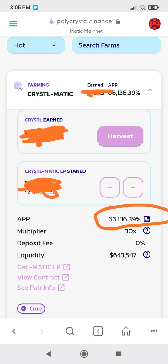 CryptoDeus2's tweet photo. I've been farming hours in  @PolyCrystal_ #PolygonMatic 

🔥apr is on fire. right now 66000%

tvl reached 11M in 6 hours from launch.

associated with @ape_swap 

they are doing very well.

Remember #DYOR 

#MATICNetwork #Polygon #farming #matic #crystal $crystal https://t.co/Rmor9LGWS1