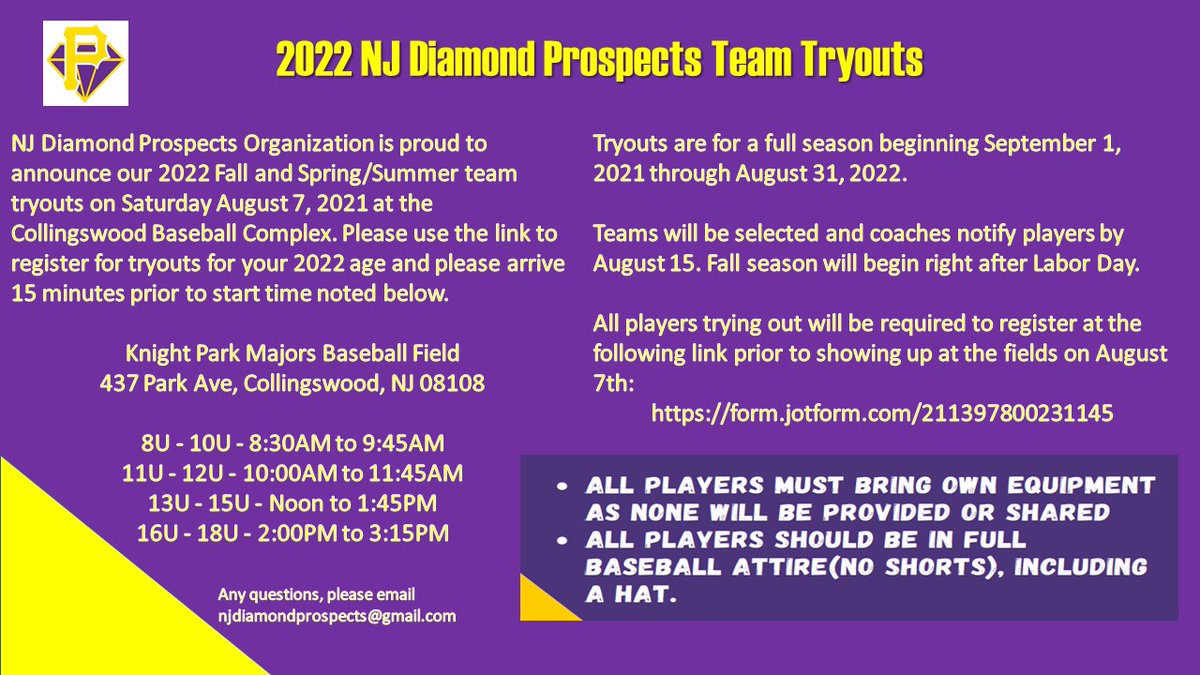 REMINDER: 2022 Team Tryouts are coming up quickly. Please register prior to arrival at the field. You will register for your league age as of the 2022 season.