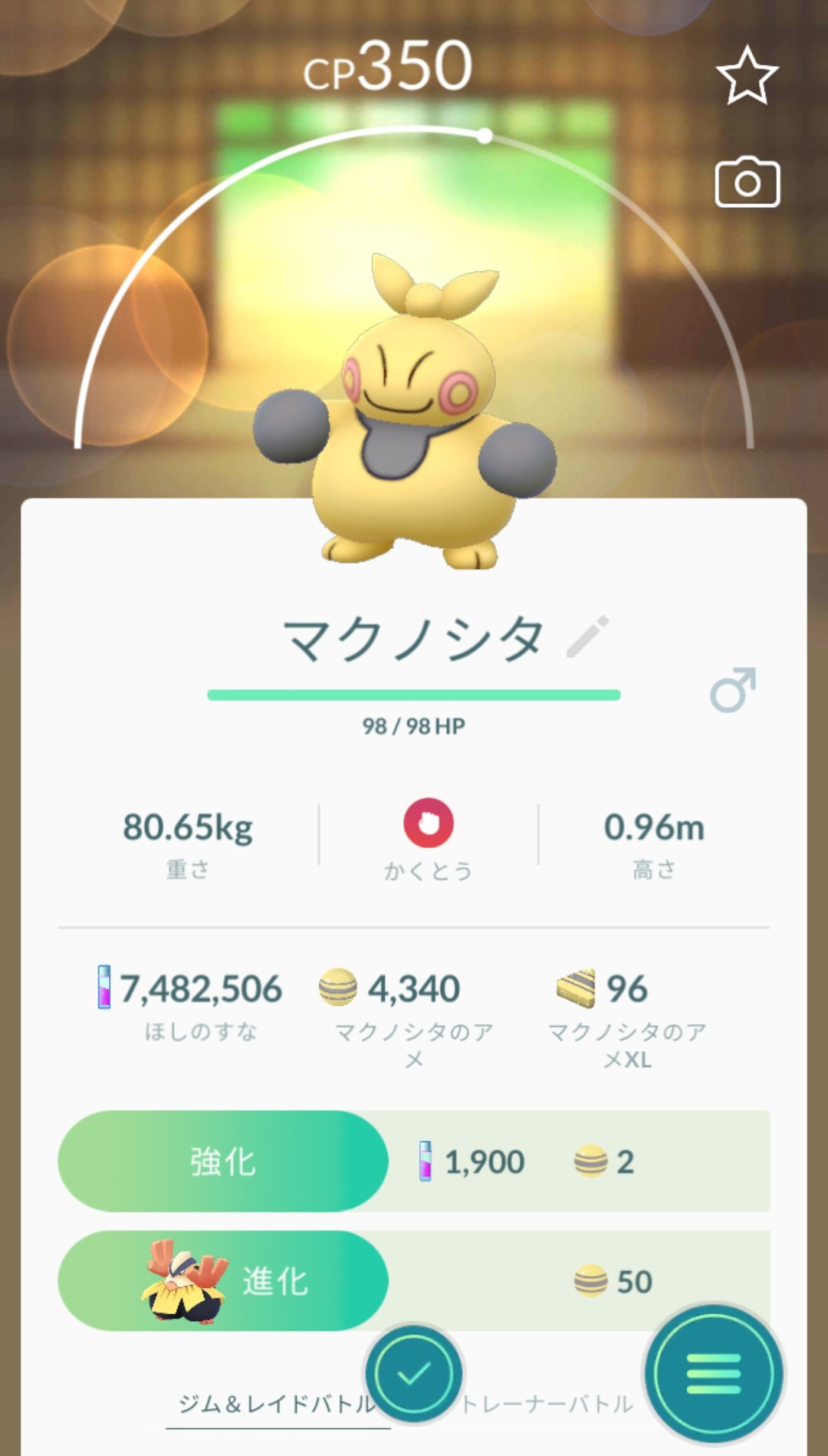 かっちゃん ８ ８gofest横浜 昨日ポケモンｇｏでゲットした個体値１００ マクノシタ ２匹目 相棒と歩いてアメを１個もらう のタスクをクリアして出現した マクノシタ ｃｐ３５０ を モンスターボールを１個使ってゲットしました 進化後