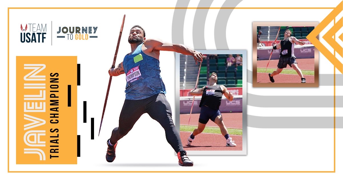 usatf's tweet photo. Congratulations to #TrackFieldTrials21 men’s javelin 🥇🥈🥉!

🥇 @Curt_Thompson_ 
🥈 @ShueyMichael 
🥉 @Riley_Cordell https://t.co/i7HtEJ5lRe