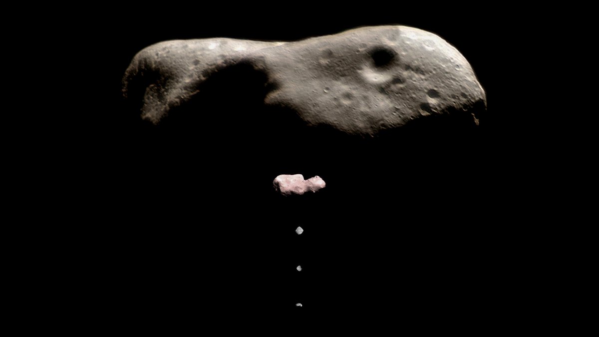 exploreplanets's tweet photo. Only five near-Earth asteroids have been visited by spacecraft.

We've scaled them relative to each other in this image to give you an idea of their size. From top to bottom, we have Eros, Toutatis, Ryugu, Bennu, and Itokawa. https://t.co/sqTKcBF4uI