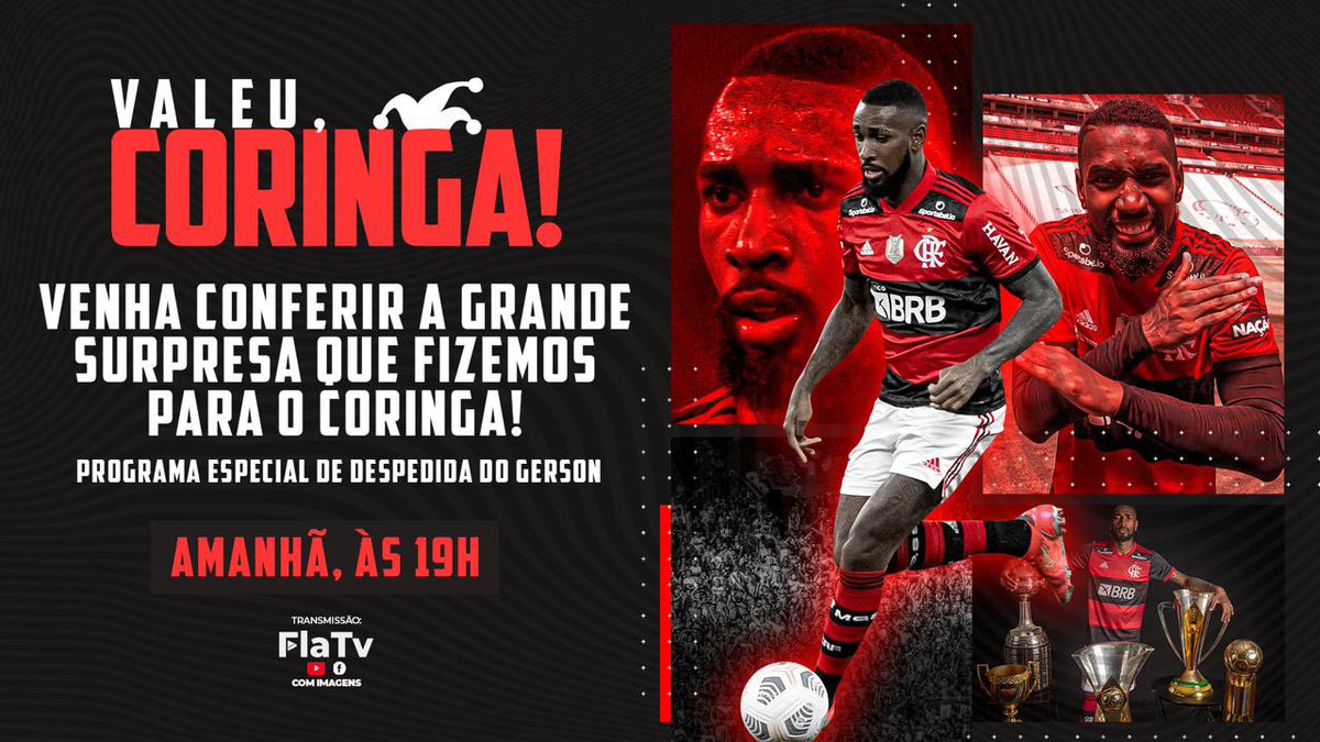 Flamengo's tweet photo. Valeu, Coringa! ❤️🖤

É amanhã! Às 19h, vai ao ar na FlaTV o programa especial de despedida do craque @GersonSantos08. Venha se emocionar com a gente!

#CRF https://t.co/kM0c3IvRLm