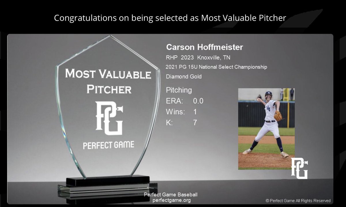 diamondgoldBB's tweet photo. Congrats @carsonhoff34 MV-Pitcher @PG Select National Championship this past weekend! 

7.1IP 0R, 1H, 7K’s https://t.co/kKCLohNTSe