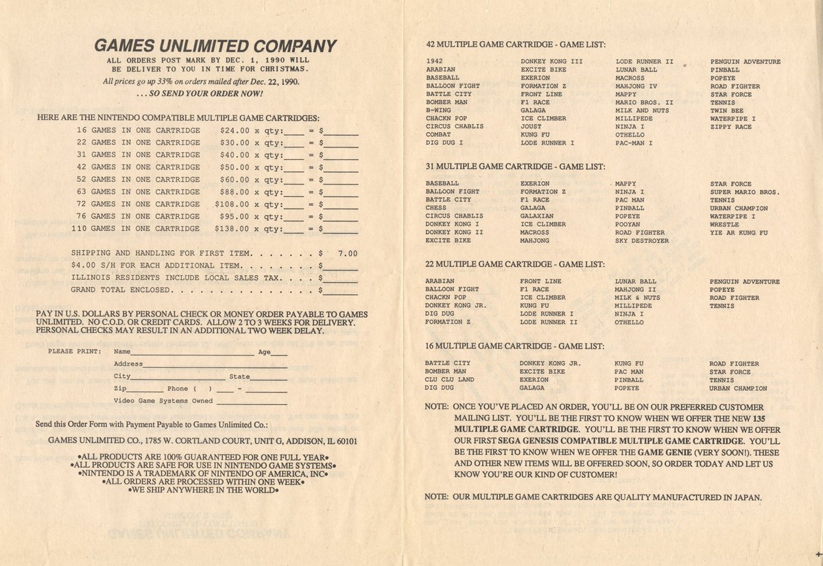 GameHistoryOrg's tweet photo. Nintendo managed to stop the importing of most bootleg "multicarts" in the 90s, but some got through! Here's an extremely rare surviving example of a mail-order catalog aimed at kids. "Pass this flier on to your friends! They'll owe you a big favor!"

(a gift from @TomFulp) https://t.co/85GiedzeCD