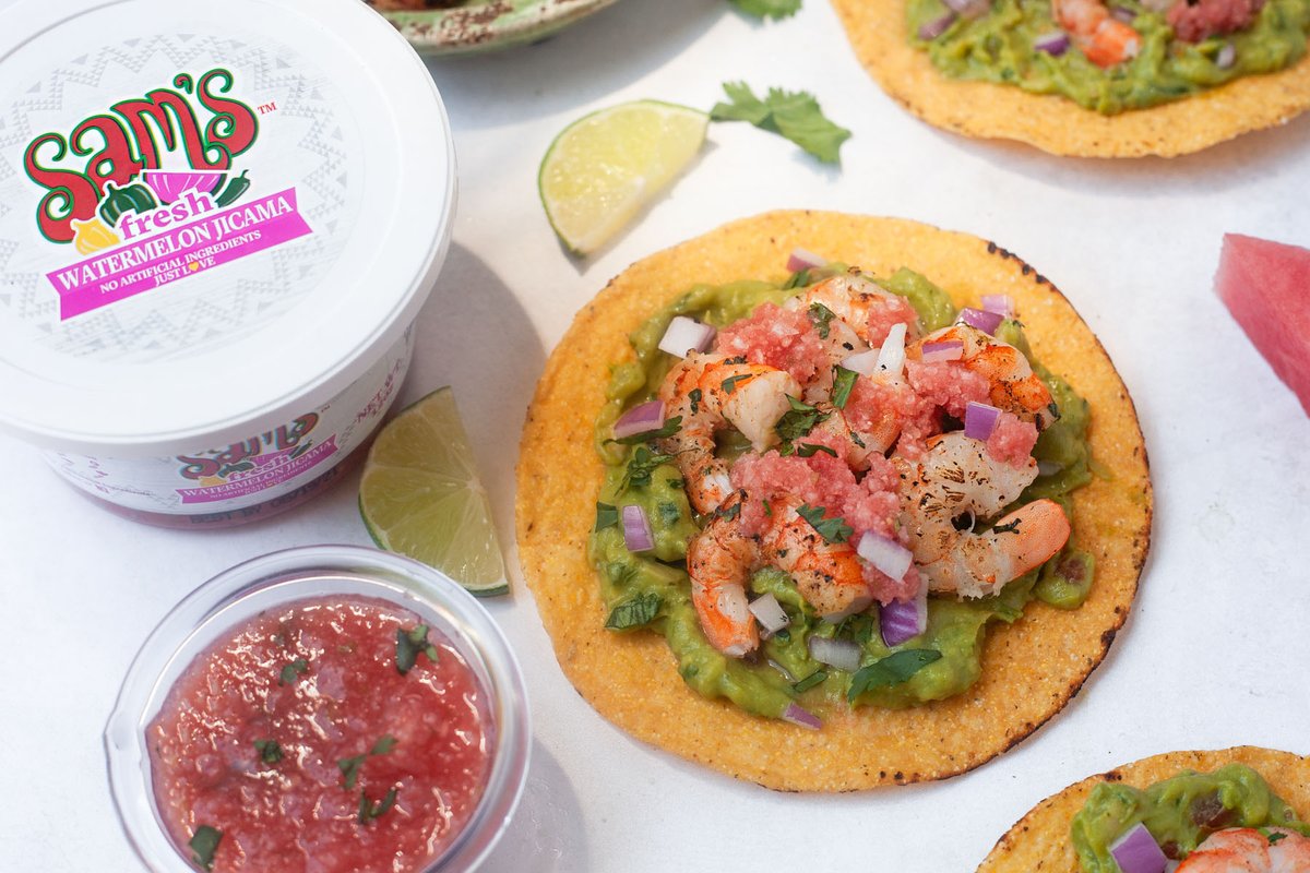 Full of fresh, summer flavors, these Tequila Lima Grilled Shrimp Tostadas featuring Sam's Fresh Watermelon Jicama Salsa will be on repeat all summer long! #ad #freshnotfake #samssalsarecipechallenge #salsalove thedomesticdietitian.com/grilled-shrimp…