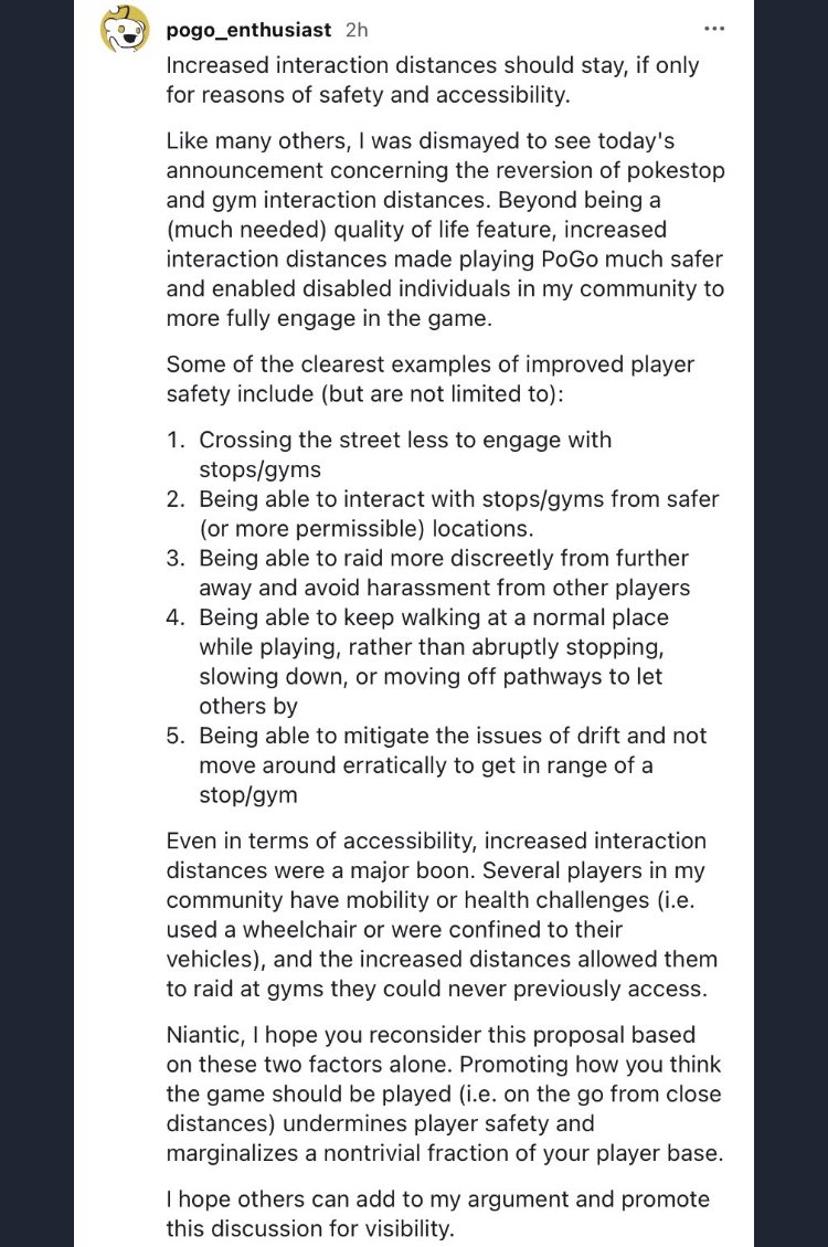 trdf53 (@trdf53) on Twitter photo Increased distance does not only improve the gameplay, it is safer for the individual as well as the community.
This Redditor made some good points and I hope someone at <a href="/PokemonGoApp/">Pokémon GO</a> <a href="/NianticLabs/">Niantic</a> <a href="/NianticEng/">Niantic Engineering</a> <a href="/NianticHelp/">Niantic Support</a> will consider them
Cc: <a href="/MichaelSteranka/">Michael Steranka</a> <a href="/ItsLizGeorge/">Liz</a> Increased distance does not only improve the gameplay, it is safer for the individual as well as the community.
This Redditor made some good points and I hope someone at <a href="/PokemonGoApp/">Pokémon GO</a> <a href="/NianticLabs/">Niantic</a> <a href="/NianticEng/">Niantic Engineering</a> <a href="/NianticHelp/">Niantic Support</a> will consider them
Cc: <a href="/MichaelSteranka/">Michael Steranka</a> <a href="/ItsLizGeorge/">Liz</a>