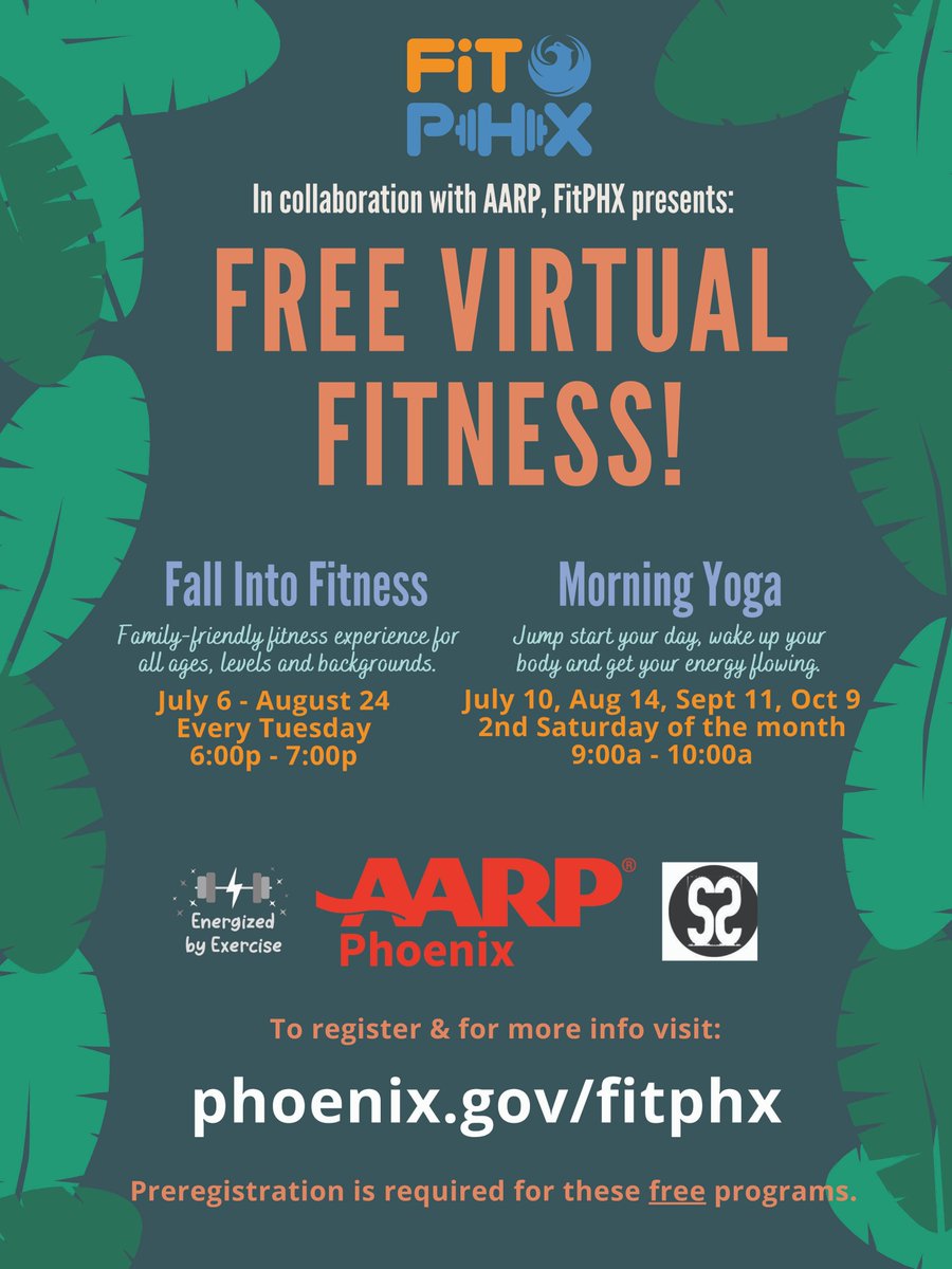 PhoenixParks's tweet photo. FREE #FitPHX Virtual summer programs begin during the first week of July. Register: https://t.co/1Dllnl8adu 

These activities are made possible thanks to a collaboration with @AARPArizona and other supporting partners. #PHXSummer #PHXPlays https://t.co/WTkhQbYLyl