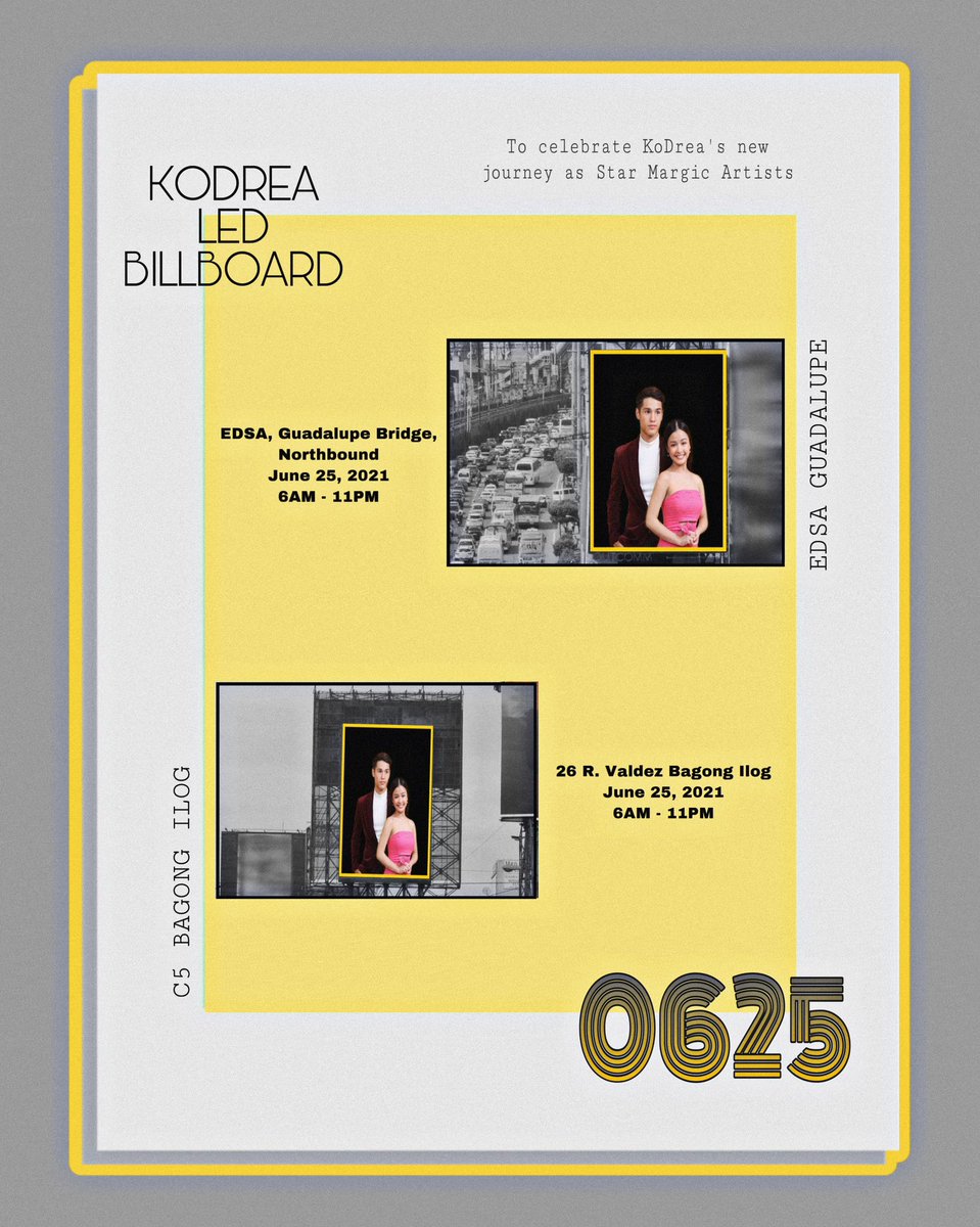 — KODREA LED BILLBOARD

To celebrate KoDrea’s new journey as Star Magic Artists

✨ EDSA GUADALUPE
✨ C5 BAGONG ILOG

~~ June 25, 2021 ; Friday
       6AM - 11PM

#KoDrea | KoDrea
#KobieBrown #AndiAbaya
<a href="/kobierbrown/">kobie brown</a> @iamandiabaya