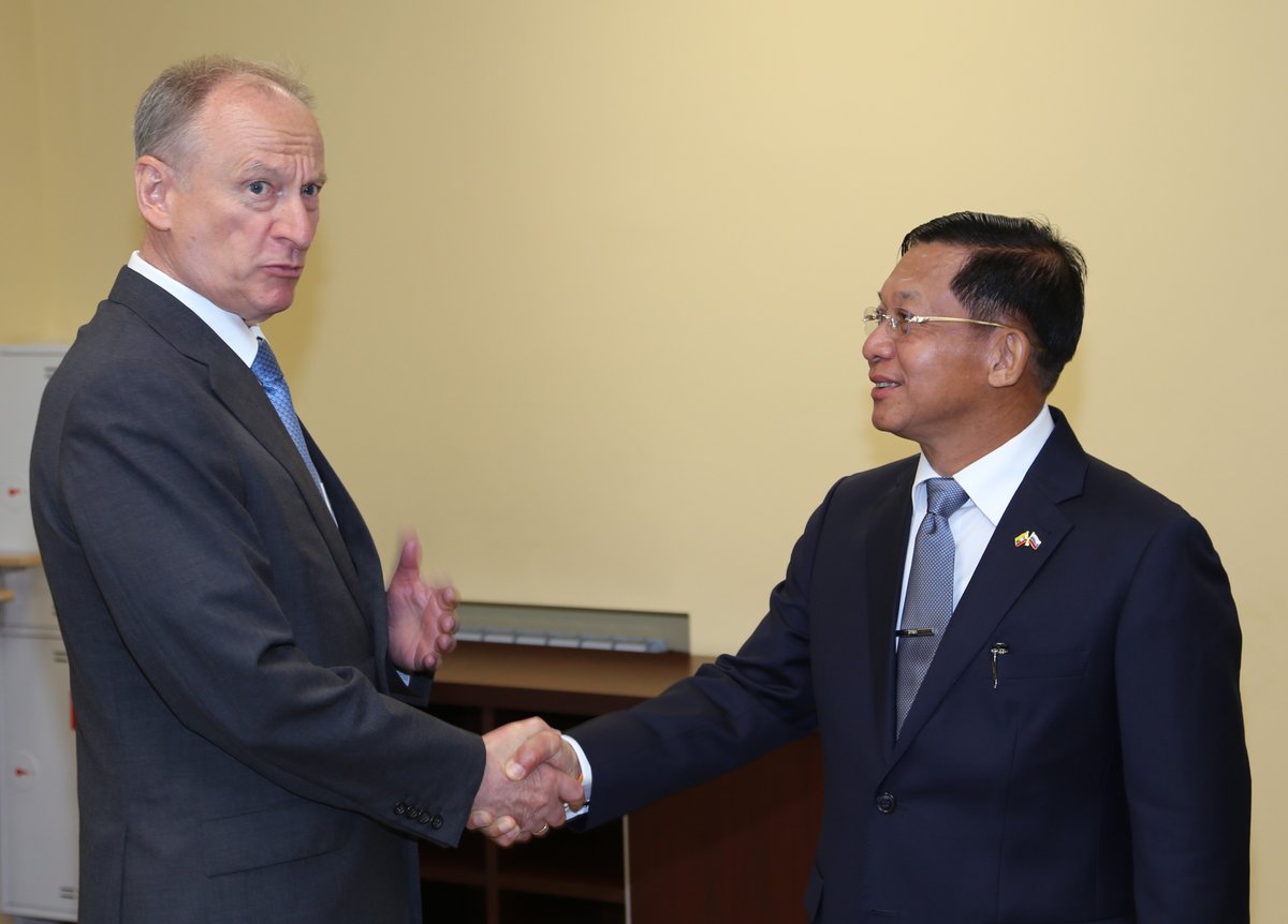 MizzimaNews's tweet photo. The Russian Security Council's press office shows #Russia's Security Council Secretary Nikolai Patrushev (L) and #Myanmar's military chief Min Aung Hliang (R) during their meeting in #Moscow, Russia, 21 June 2021. Min Aung Hliang is on a working visit in Russia. EPA-EFE https://t.co/th5LJiTWyC