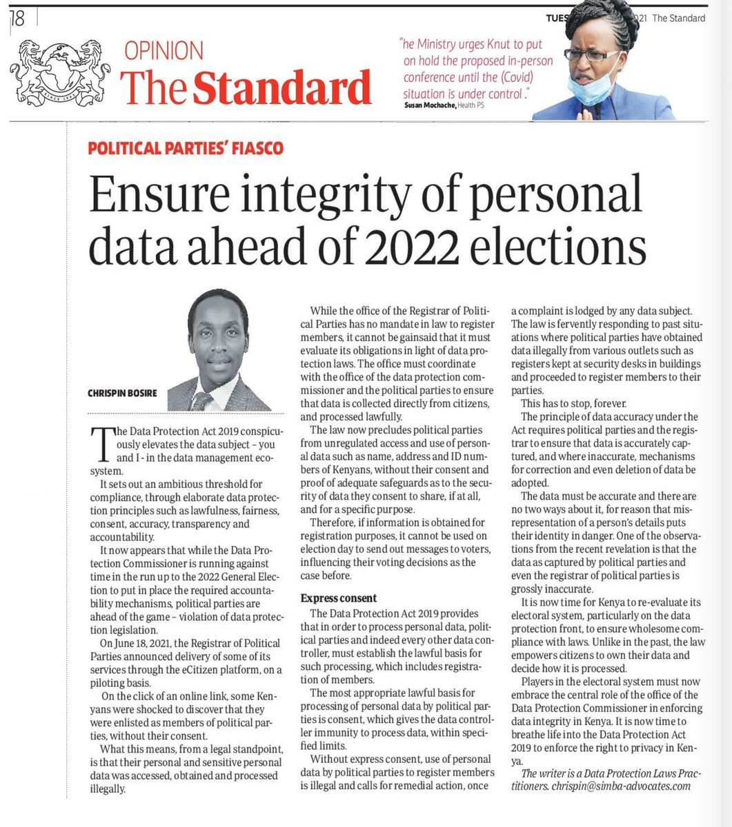 SimbaAdvocates's tweet photo. In The Standard today by our @bosire_chrispin
#dataprotection #dataprivacy #dataprotectionexperts https://t.co/jlvAo35wBi
