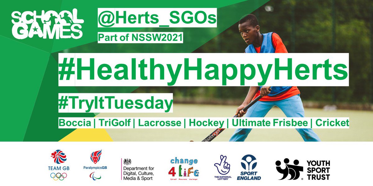 #HealthyHappyHerts
📆#tryitTUESDAY
📹 youtu.be/qzCH6L8g0ns
🧩Boccia, Tri Golf, Lacrosse, Ultimate Frisbee and Cricket
🖥 sportinherts.org.uk/peschoolsport/…

Please tag us in your photos and update us via Twitter, using the hashtags💪.

#getinvolved <a href="/Herts_SGOs/">Herts School Games</a>