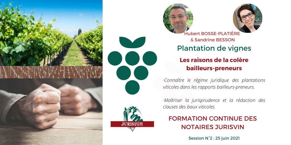 jurisvin's tweet photo. J-3 ! Planter, cultiver, arracher, replanter…le cycle immuable de la #vigne et des conflits potentiels #bailleurs-#preneurs💥 #Formation continue #JURISVIN ce 25 juin 2021 avec Hubert BOSSE-PLATIÈRE & Sandrine BESSON.
#BAIL #RURAL #coderural
https://t.co/pwAAf3dqF1 https://t.co/gWV6skDqum
