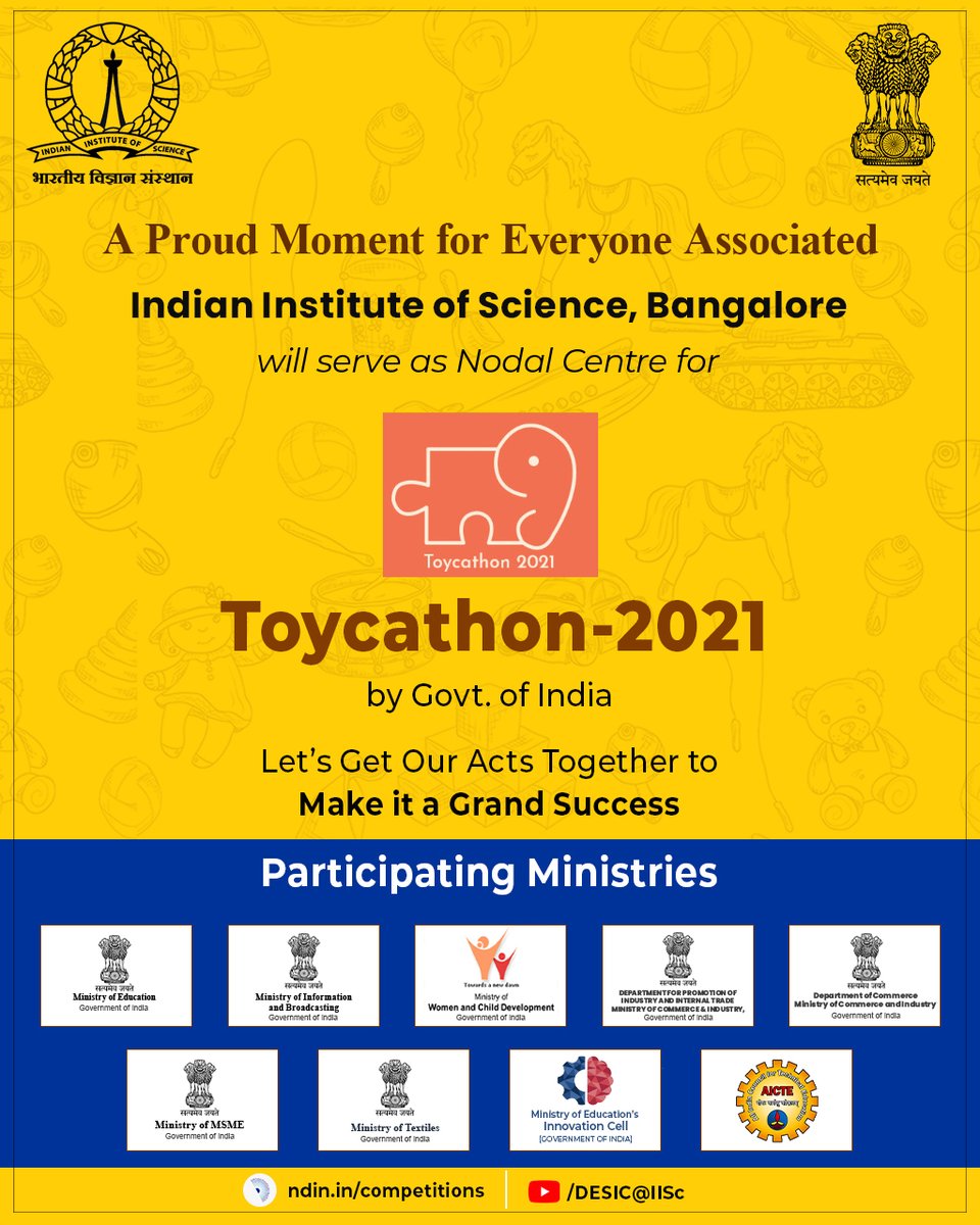 DESICIISc1's tweet photo. DESIC - Design Innovation Centre @ IISc, CPDM is one of the Nodal Centres hosting the Digital Edition of Toycathon 2021. 22- 24 June 2021.

@abhayjere 
@PMOIndia 
@smritiirani 
@SmritiIraniOffc 
@adsahasrabudhe 
@mohitgambhir 
@drmppoonia 
@ms_aicte 
@AICTE_INDIA https://t.co/Ap6DUGxDDd