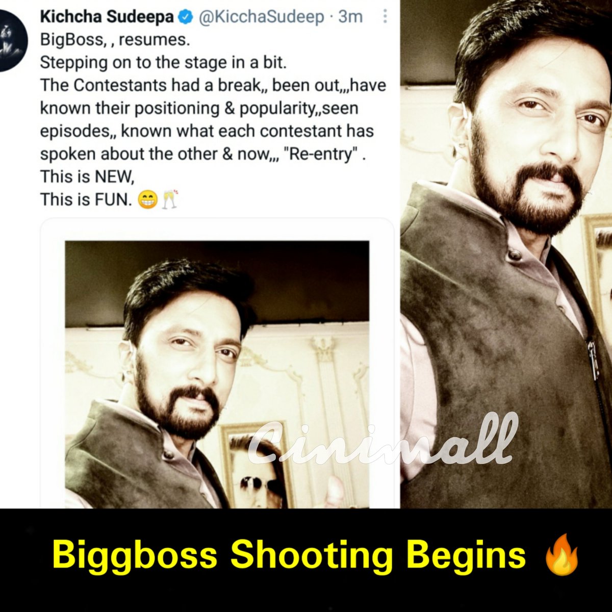 Cinimall's tweet image. #kannadabiggboss #Session8 #Second #innings #Shoot #Begins 🔥❤
@KicchaSudeep

#Cinimall #kicchasudeepa #ColorsKannada #Kannada #trending #Troll