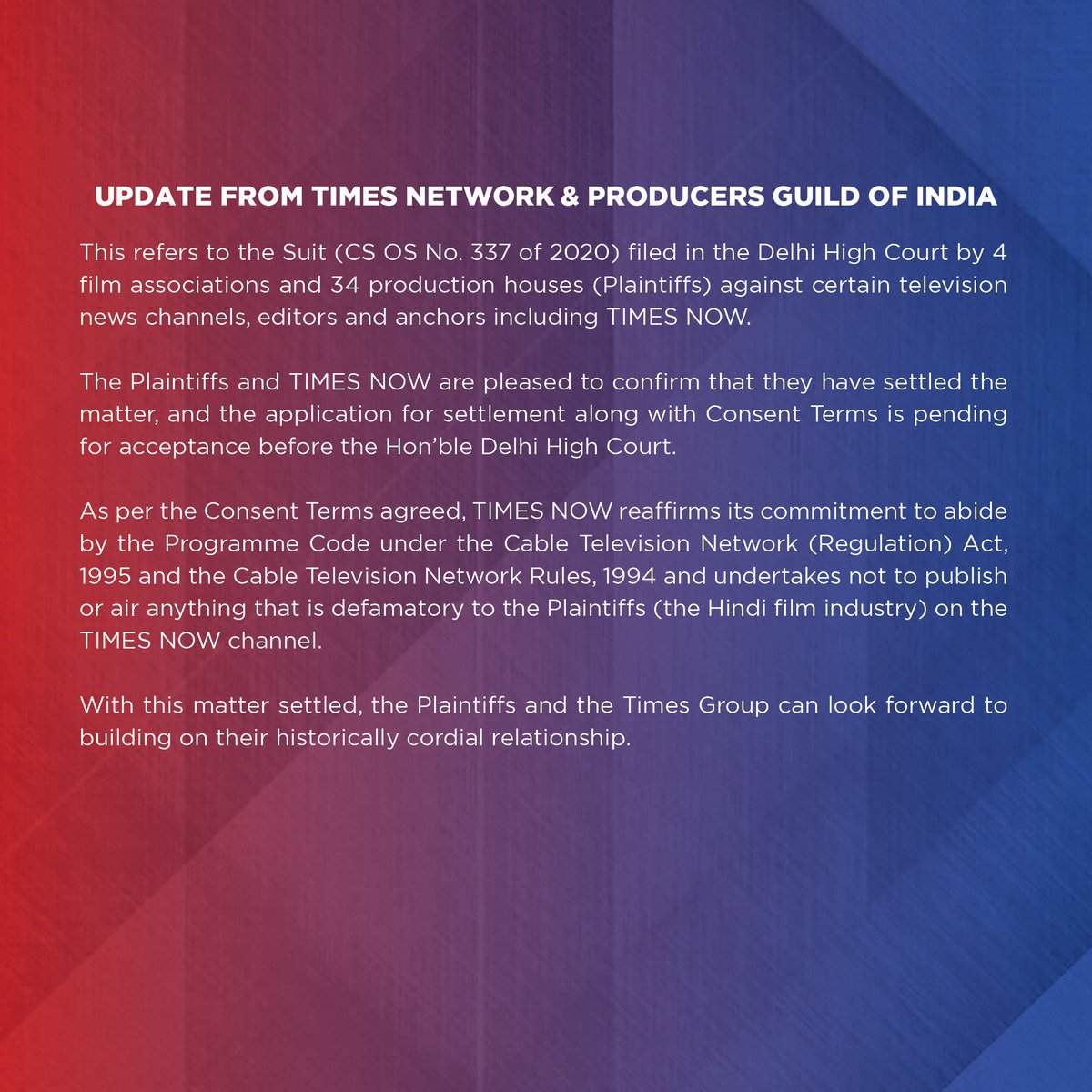 Update from TIMES NETWORK and Producers Guild of India.