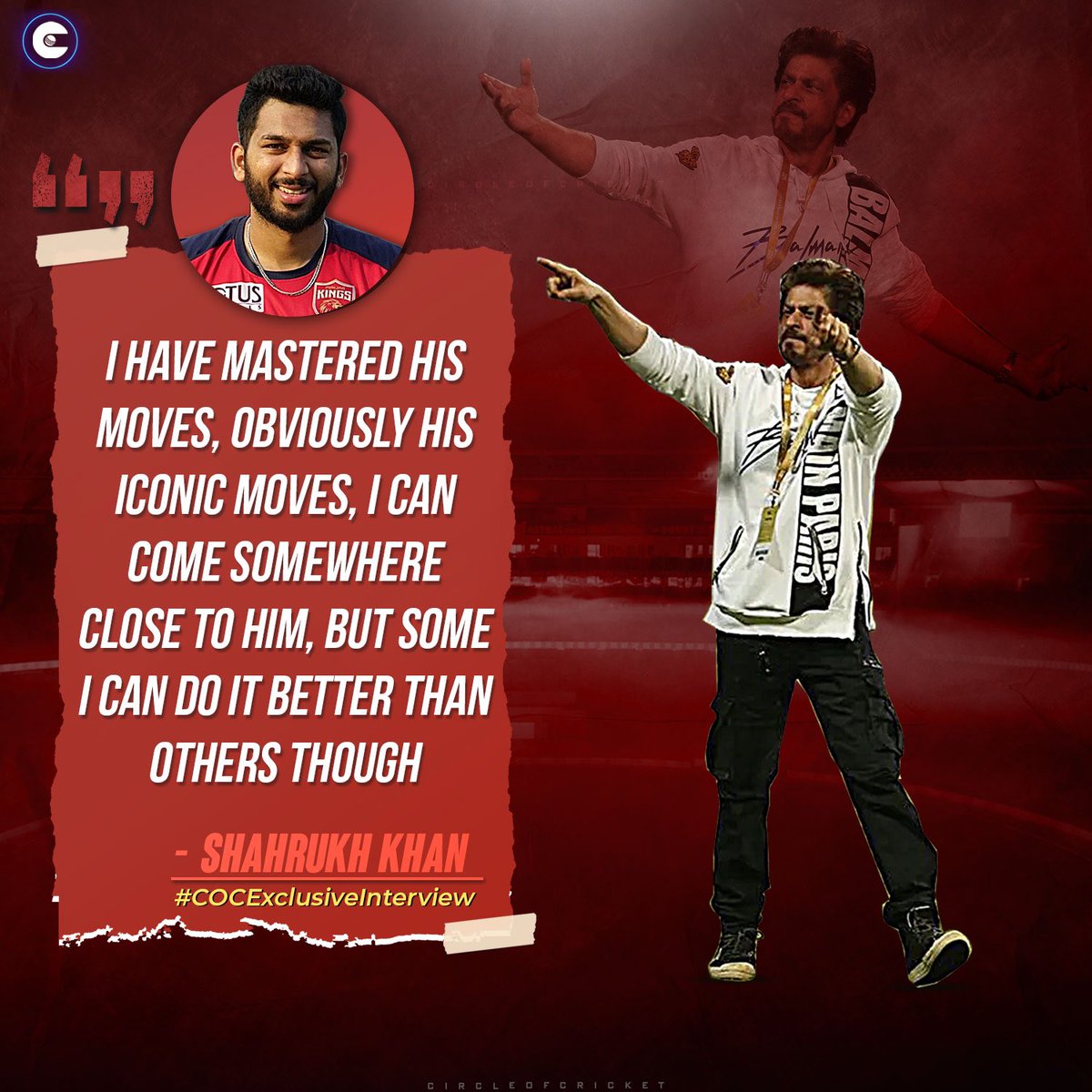 circleofcricket's tweet photo. #ShahrukhKhan, in a exclusive chat with Circle of Cricket, said he has mastered the moves of his namesake, the #Bollywood superstar and KKR co-owner, @iamsrk.

FULL INTERVIEW: https://t.co/wOgD8BzXED

#COCExclusiveInterview https://t.co/kue601gTNF
