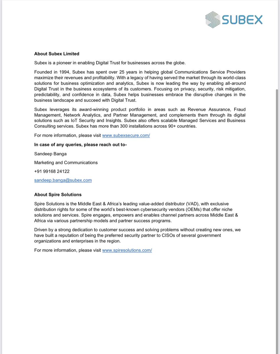 MeAmitMishra's tweet photo. #Subex

#SubexSecure &amp; #Spire announces partnership aiming at #CyberSecurity

Notice also confirmed a deal win, as referred in Q4 concall, w/large Middle East Oil &amp; Gas entity 4 deploying its #IoT #OT security solutions

Growth scope in IoT/OT is huge

NSE https://t.co/Cvvfa6ypr2 https://t.co/r8oM8ALrUp