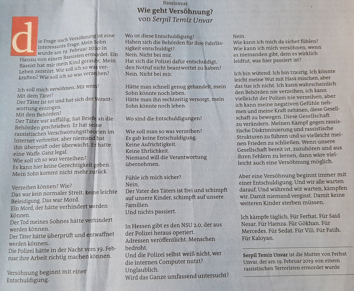 franzmita's tweet photo. Ein sehr bewegender Text im @derfreitag von Serpil Temiz Unvar darüber, dass es für Versöhnung eine Entschuldigung braucht und dass es die für #Hanau2020 nie gab. Beeindruckend, wie sie daraus Kraft für Kämpfe zieht statt zu resignieren! https://t.co/bZCH2l3TfL