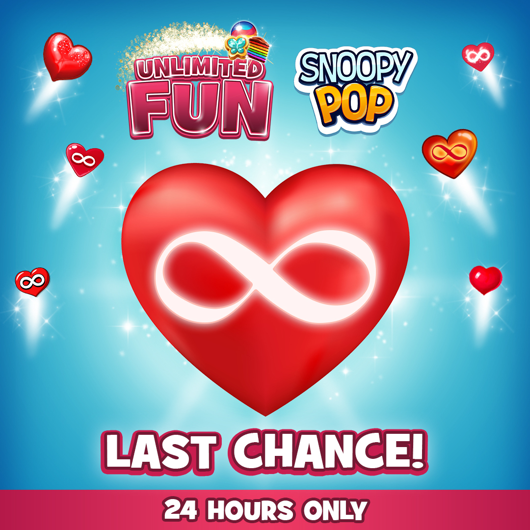 Unlimited Lives is ending in 24 hours!
Don’t miss your last chance to pass those hard levels.
Play now and don’t let the fun end!
#JamCityUnlimited