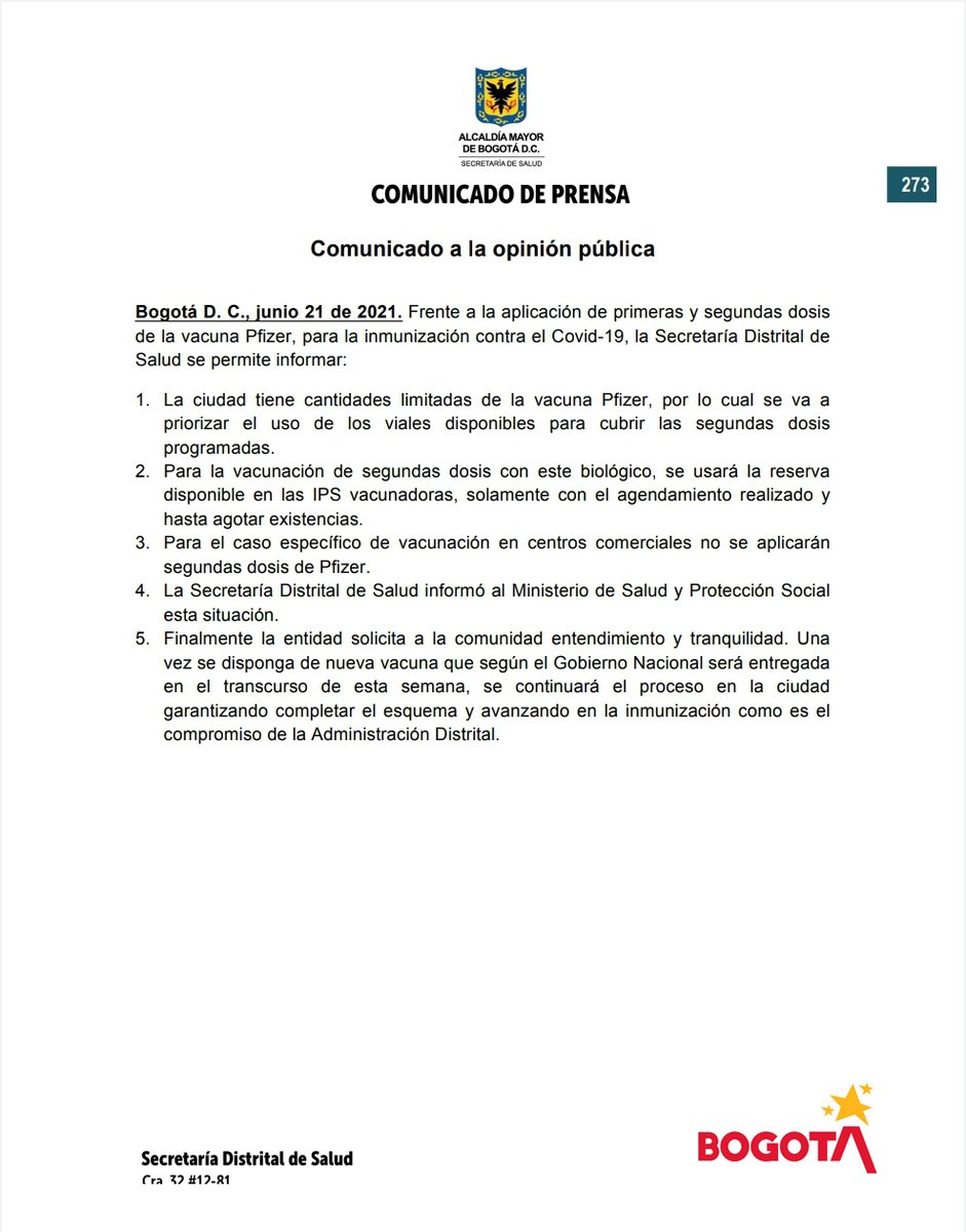 SectorSalud's tweet photo. #Atención📢 Frente a la aplicación de primeras y segundas dosis de la vacuna Pfizer para la inmunización contra el Covid-19 en Bogotá, la Secretaría Distrital de Salud se permite informar: https://t.co/otjIqJExKn