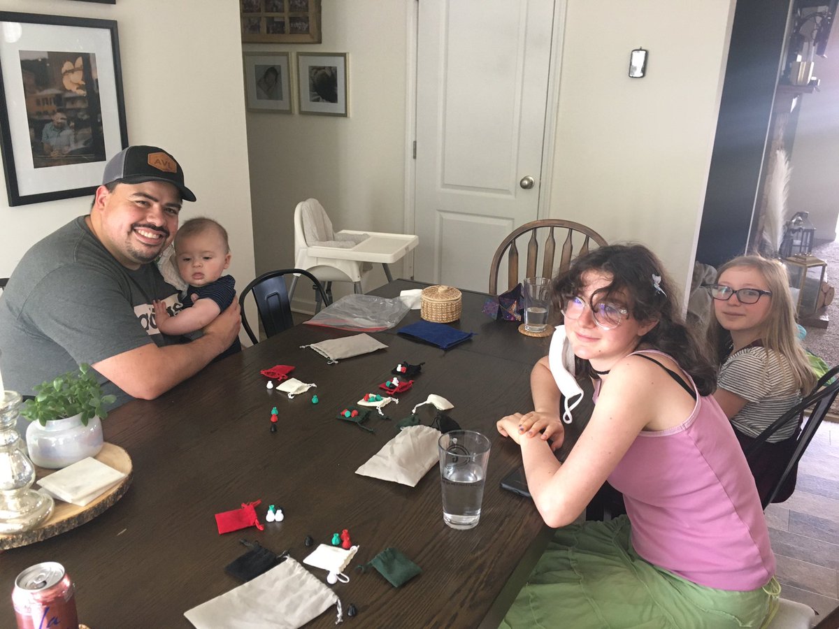 CardboardProf's tweet image. Came to gawk at new baby cuteness, stayed for new game design hotness: playtesting Bag It! with designer @Junazaru and the littlest new member of the Asheville @GDofNC crew!