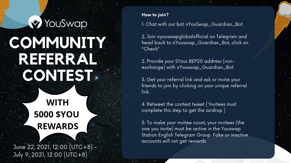 📢Hey Community! We are hosting a Referral Program! 

⏰June 22, 2021, 12:00 (UTC+8) - July 9, 2021, 12:00 (UTC+8)

📕Read our Medium Article to find out more about the prizes you can win and how it works! 

➡️Article: youswap-global.medium.com/youswap-commun…

#Crypto #Airdrop #Contests #Giveaway