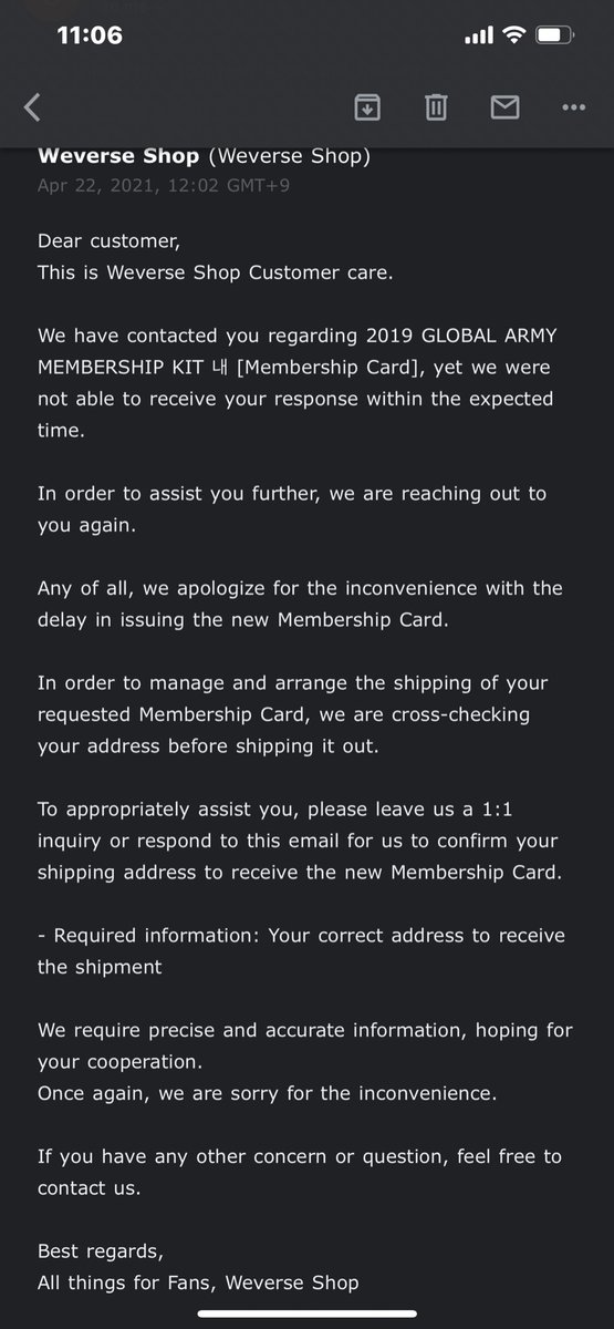 versataelity_'s tweet photo. @weverseshop not yall ghosting me after one whole year of not responding to my inquiry and completing the inquiry when i still haven’t gotten my 2019 membership kit caRd??ˁ!! https://t.co/72TaUbJ9Zg