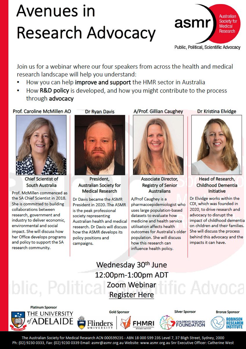 Do you want to improve medical research in Australia? 
Looking to make positive change in your field? 

Learn about science policy + advocacy from fantastic speakers across the research advocacy landscape in a webinar hosted by the SA Committee.

Registration opens tomorrow