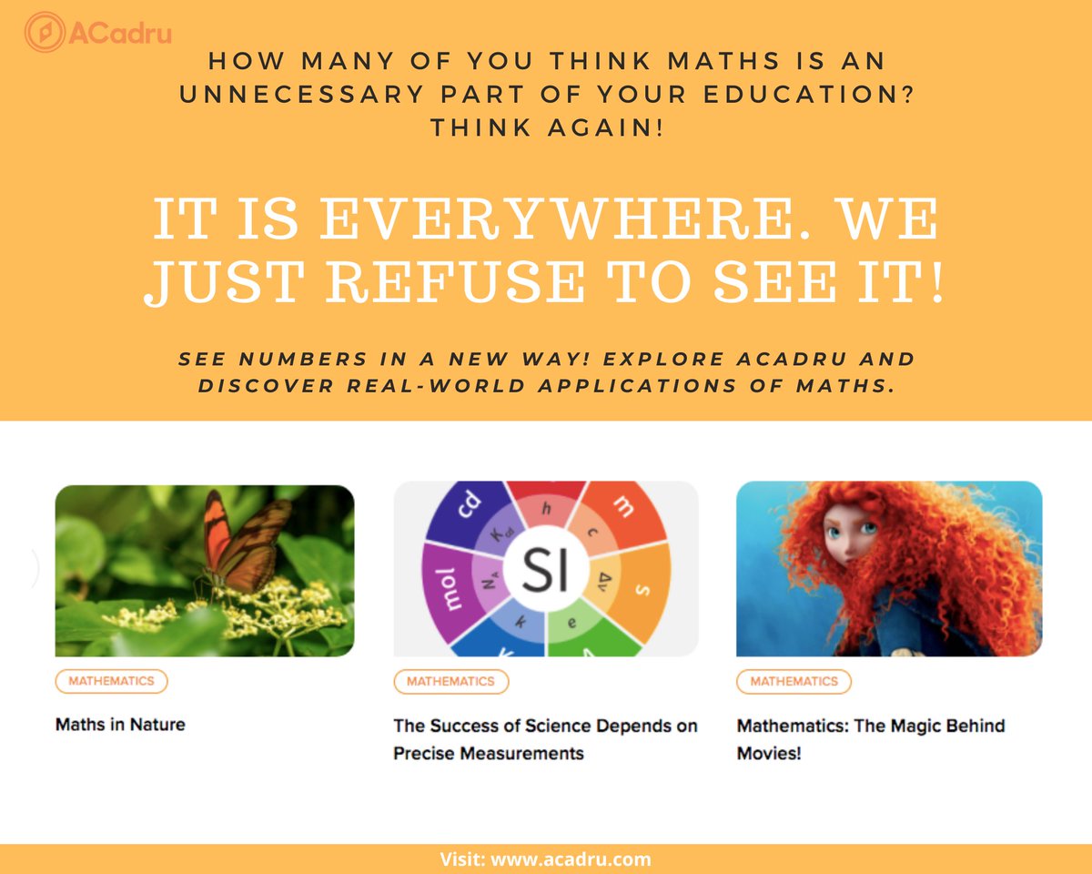 a_cadru's tweet photo. How many of you think MATHS is an unnecessary part of your #education ? 
Think again!
It is everywhere. We just refuse to see it!
See numbers in a new way! Explore ACadru and discover real-world applications of #Maths .
#mathssimplified #Trending #mustread #tuesdayvibe https://t.co/jELcNGnjb2