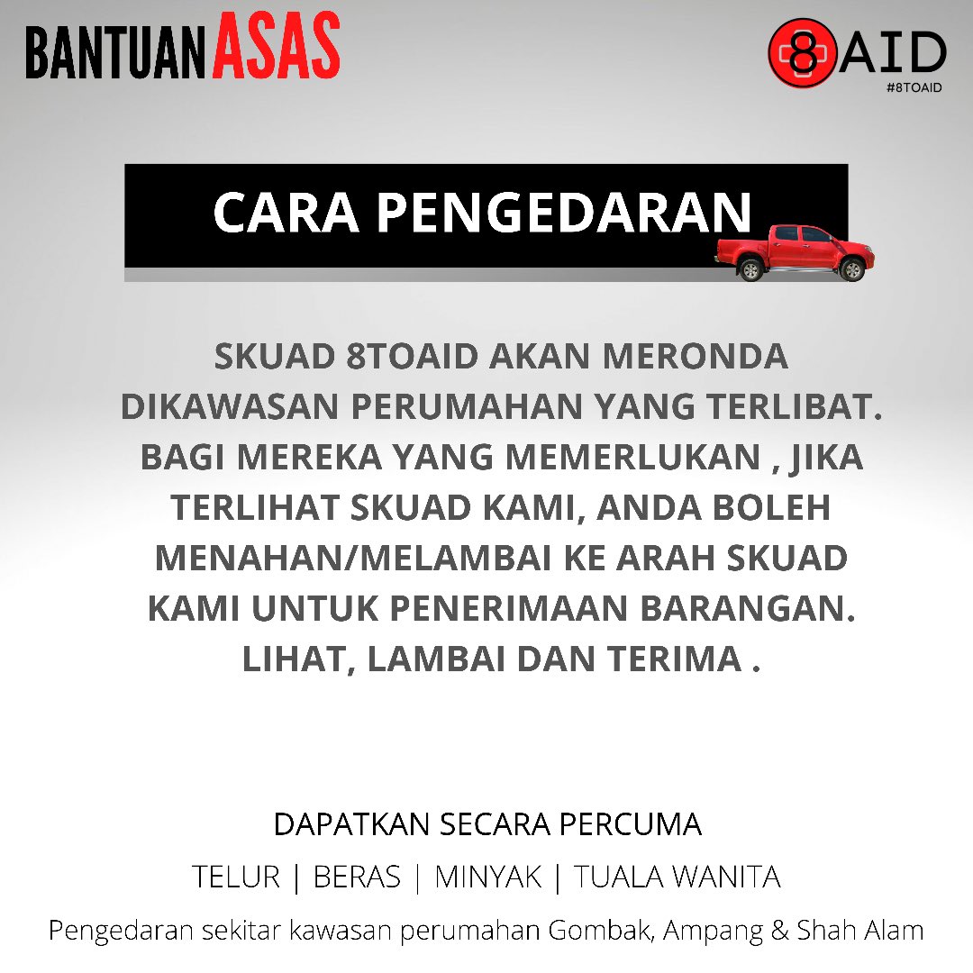 8to8my's tweet photo. EDARAN BARANGAN ASAS PERCUMA SELANGOR.
Lokasi edaran seperti dibawah.
Terbuka kepada mereka yang memerlukan dikawasan terlibat. Bantu kami share tentang kehadiran kami. #gombak #ampang #shahalam #asalgombak #bantuan https://t.co/lDlriS8os0