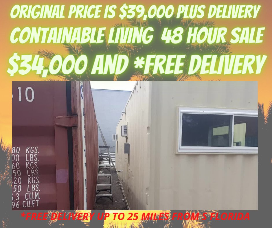 ContainableL's tweet photo. Containable Living is having a 48 HOUR SALE. WE ARE OFFERING A $5,000 DISCOUNT INCLUDING A DROP OFF DELIVERY!!! THIS SPECIAL IS FOR THE FIRST 5 CUSTOMERS WHO WISH TO PURCHASE. IM me FOR ZELLE PAYMENT DETAILS. SERIOUS CUSTOMERS ONLY. https://t.co/hpf12nGYIA via @FacebookWatch https://t.co/L73iGtWo0S