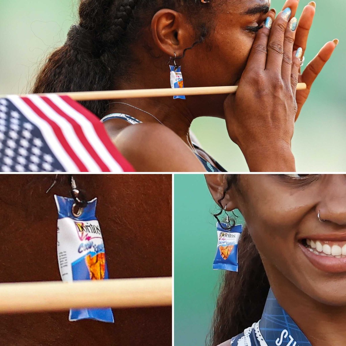 SportsCenter's tweet image. Christina Clemons qualified for the Olympics while wearing Cool Ranch Doritos earrings 👏
