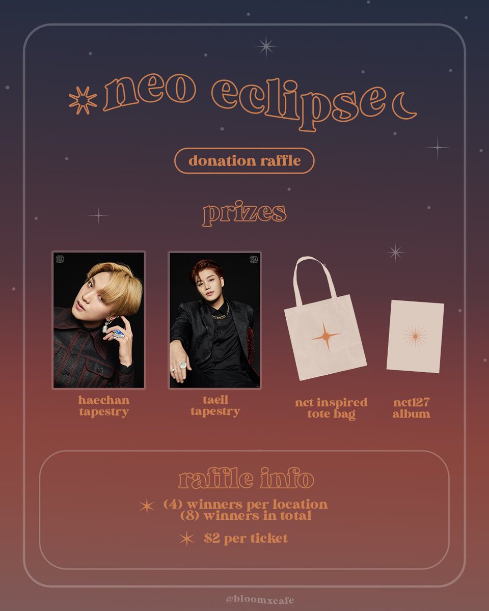 bloomxcafe's tweet photo. ☀︎ ☽
#neo_eclipse  
[ event raffle ]

✦ $2 per ticket 
✦ 4 winners per location 

enter here → https://t.co/dYv29SbNqK https://t.co/H2N08Eo56z