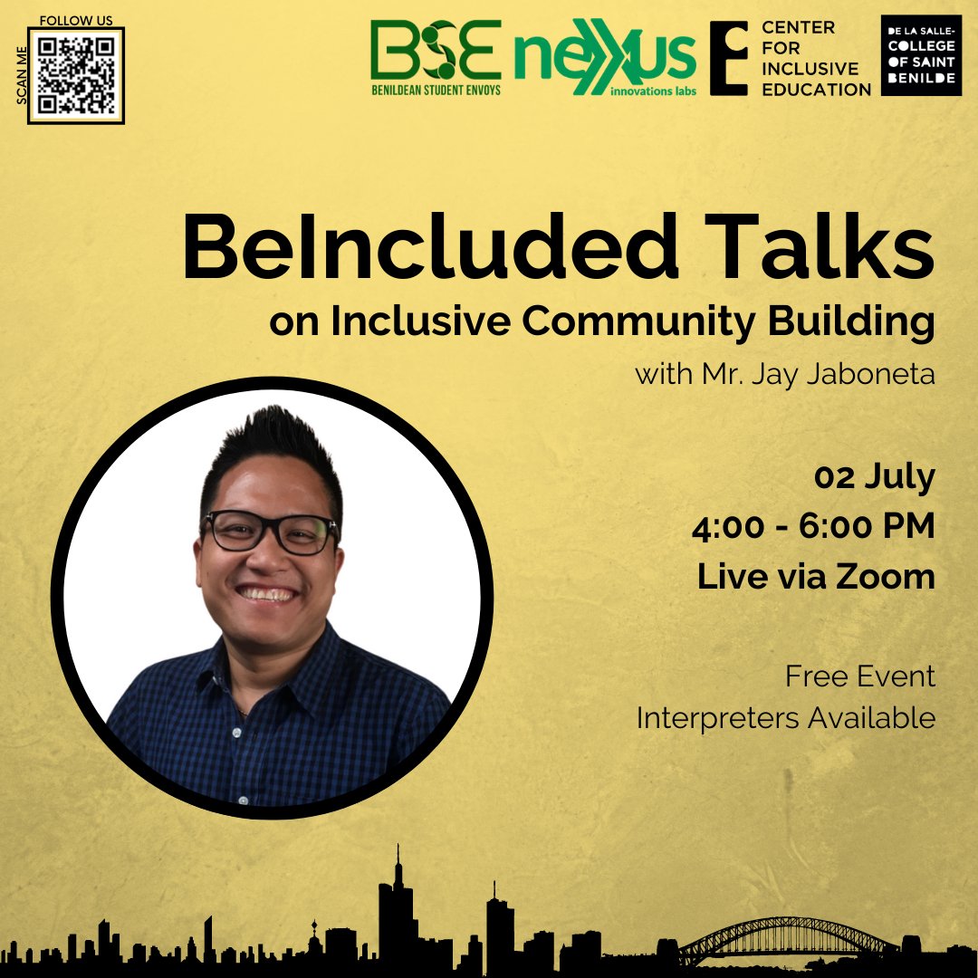 CIE_Benilde's tweet photo. How can we create a more inclusive community?
Join us on July 2 (Friday) from 4:00 PM to 6:00 PM via Zoom as one of the best in the field shares his experience!

Follow this link to register: https://t.co/XCYCagaDEq

FSL Interpreters will be provided. https://t.co/Kuhx7YbPsa