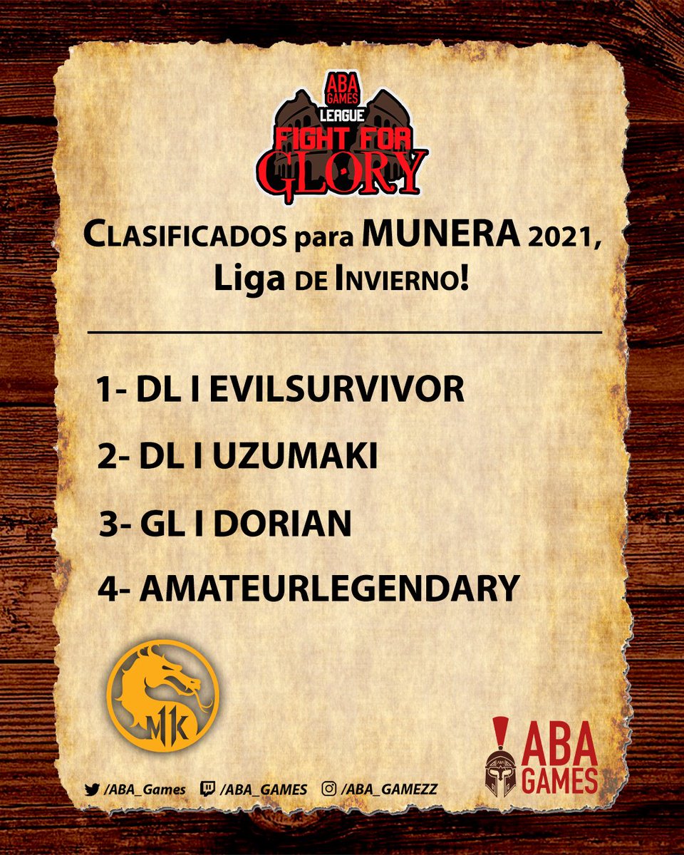 ABA_Games's tweet photo. Felicidades a los 4 clasificados de la liga de Invierno Fight For Glory de MK11!
#EVILSURVIVOR
#UZUMAKI
#XDORIAN
@AmateurLegndary
Nos vemos en El MUNERA!
#ABAGAMES #ELCOLISEO #FFG #MK11 #MUNERA @NetherRealm @noobde https://t.co/FLmBgf8jpp