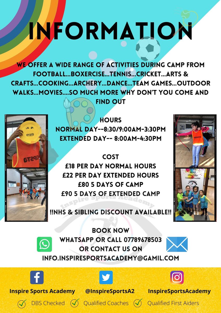 InspireSportsA2's tweet photo. 🎉☀️ Summer Holiday Camp ☀️🎉

We are relaunching our holiday camp this summer, with elements of cautions. We have a variety of activities:

🏆Loads of sports on offer at the camp during the week

👮‍♂️👩‍⚕️Educational Workshops https://t.co/iRopbiV5Ki