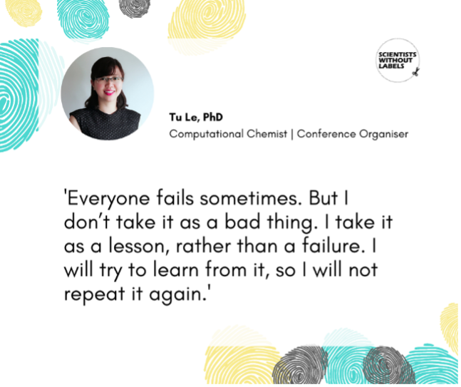 sci_wo_labels's tweet photo. Here are some inspiring quotes from our interviewees on how to deal with #challenging times. (2/5). Tu Le says everyone fails sometimes, but it's important to think about it as a lesson and learn from it.

What are some of the #lessons you learned from your mistakes?

#careers https://t.co/YBp31zA3Lr