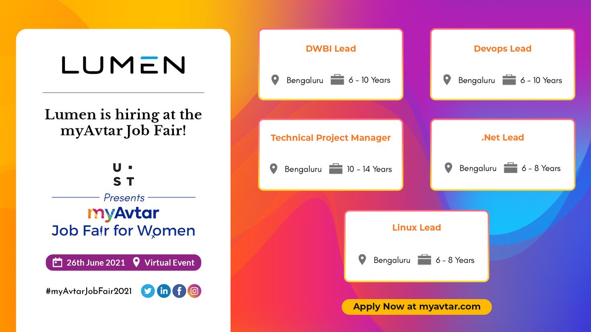 .@lumentechco is hiring at myAvtar Job Fair. Apply for the role of: 1) DWBI Lead 2) DevOps Lead 3) Technical Project Manager 4) .Net Lead 5) Linux Lead To apply by 26th June 2021, register now at: bit.do/myavtarjobfair