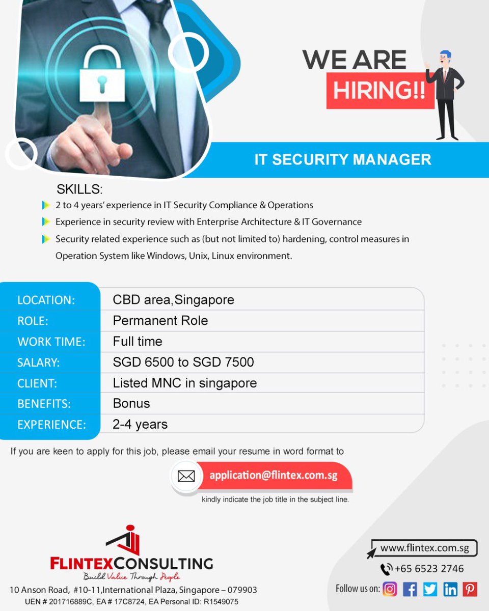 Flintex_career's tweet photo. Email your resume- application@flintex.com.sg
Now Hiring - IT Security Manager
Location - CBD area, Singapore
***Apply Now ***
.
.
#flintex #flintexconsulting #it #itsecuritymanager #securitysystem #singaporejobs #jobvacancies #singaporejobs #singaporecandidates #jobhunt https://t.co/G5jOorwKU3