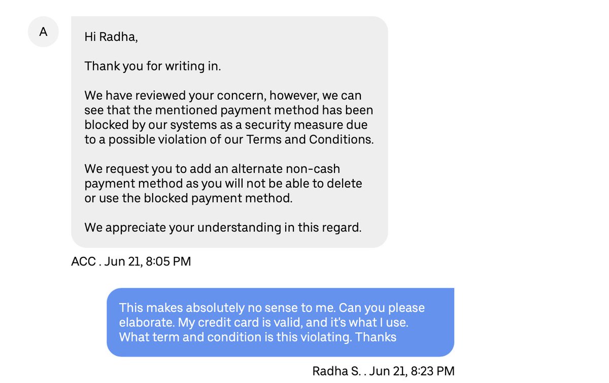 radha_krish's tweet photo. @Uber_Support I have been going back n forth with customer service on a thread that seems to take a very long time for response and is most unsatisfactory. See attached. Can you please resolve this as soon as possible. Please note I am using Lyft very comfortably. https://t.co/UyH1peYwt9