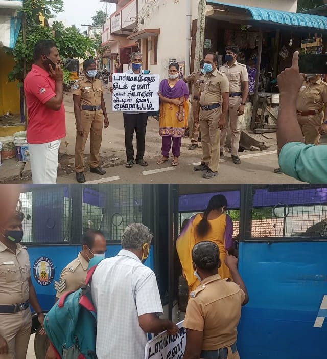 Nandhini_Anandn's tweet photo. நந்தினி, ஆனந்தன் கைது.டாஸ்மாக்கை மூடக்கோரி முதல்வர் ஸ்டாலின் வீட்டு முன்பு 23.6.21 போராட்டம் அறிவித்திருந்த நிலையில் நந்தினி,ஆனந்தன் 20.6.21 முதலே வீட்டுச் சிறையில் வைக்கப்பட்டனர். வீட்டுக்காவலை மீறி சென்னை புறப்பட்ட இருவரையும் மதுரை k.புதூர் போலிசார் கைது செய்தனர்-நிரஞ்சனா, குணா https://t.co/Kybfpc4fXG