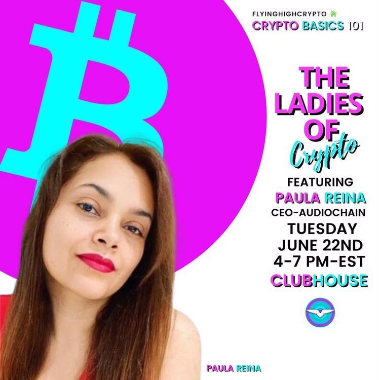 itspaulareina's tweet photo. Tomorrow: Audiochain’s Founder/CEO will be a guest on Clubhous’s Flying High Crypto club— The Ladies if Crypto session. #Crypto #NFT #NFTCommunity #NFTartist #Blockchain #music #audiochain https://t.co/mm9MgrZoip