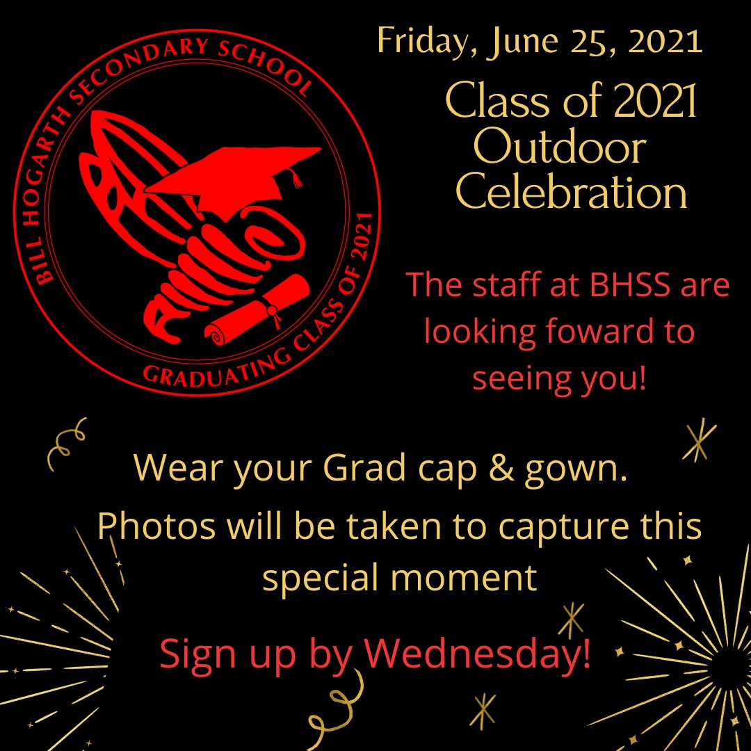 BillHogarthSS's tweet image. Class of 2021:  We look forward to celebrating with you at the Outdoor Celebration on Friday, June 25th!  Remember to wear your Grad cap &amp;amp; gown.  See you soon!